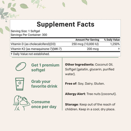 Vitamin D3 + K2  Coconut Oil Softgels